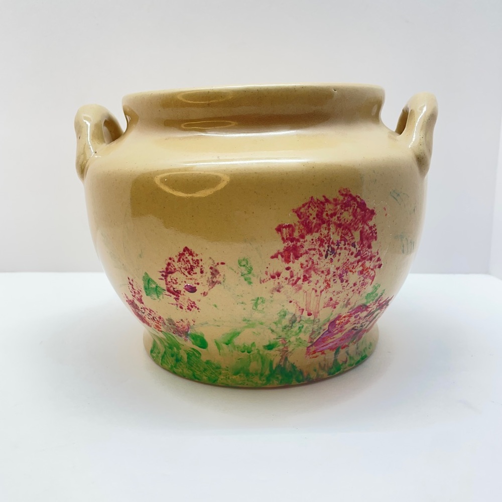 Vintage Hand Painted Flowers Floral Made In USA American Pottery Pot Jar Planter